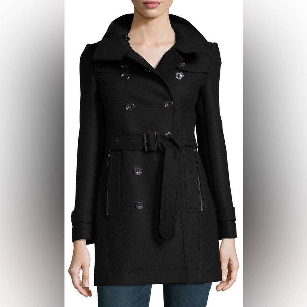Iconic Burberry Brit Daylesmoore Wool Blend Trench Coat in Black, Size 4